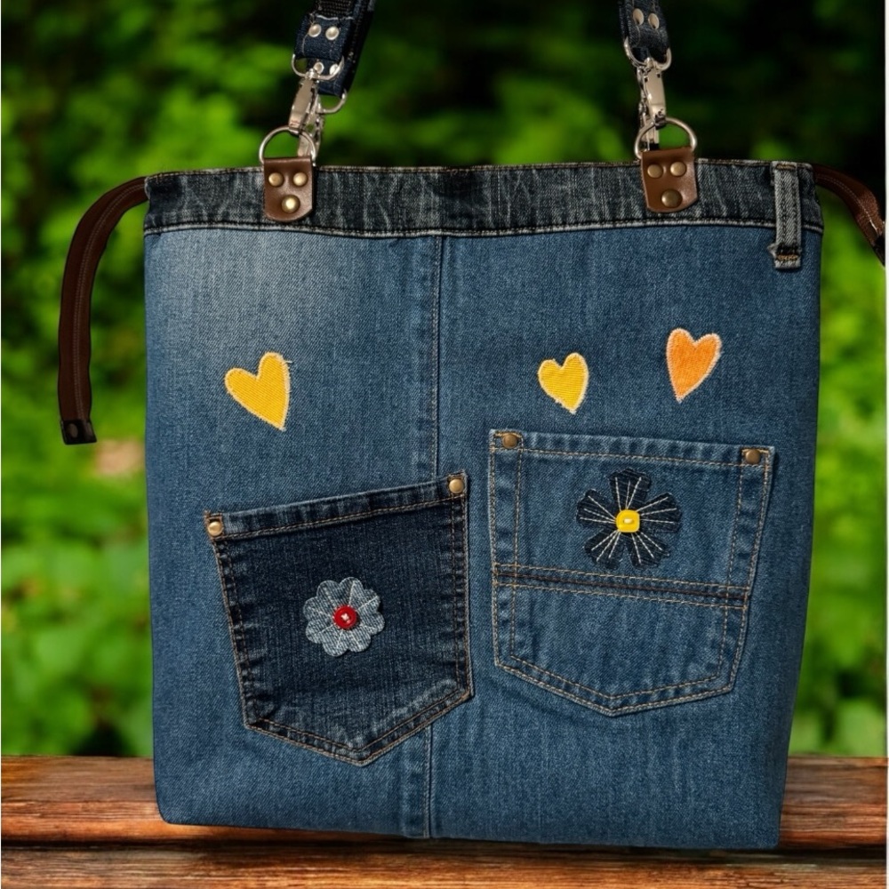 Handmade Upcycled Denim Tote Bag – Dragonfly & Patchwork Design - Picture 11 of 15